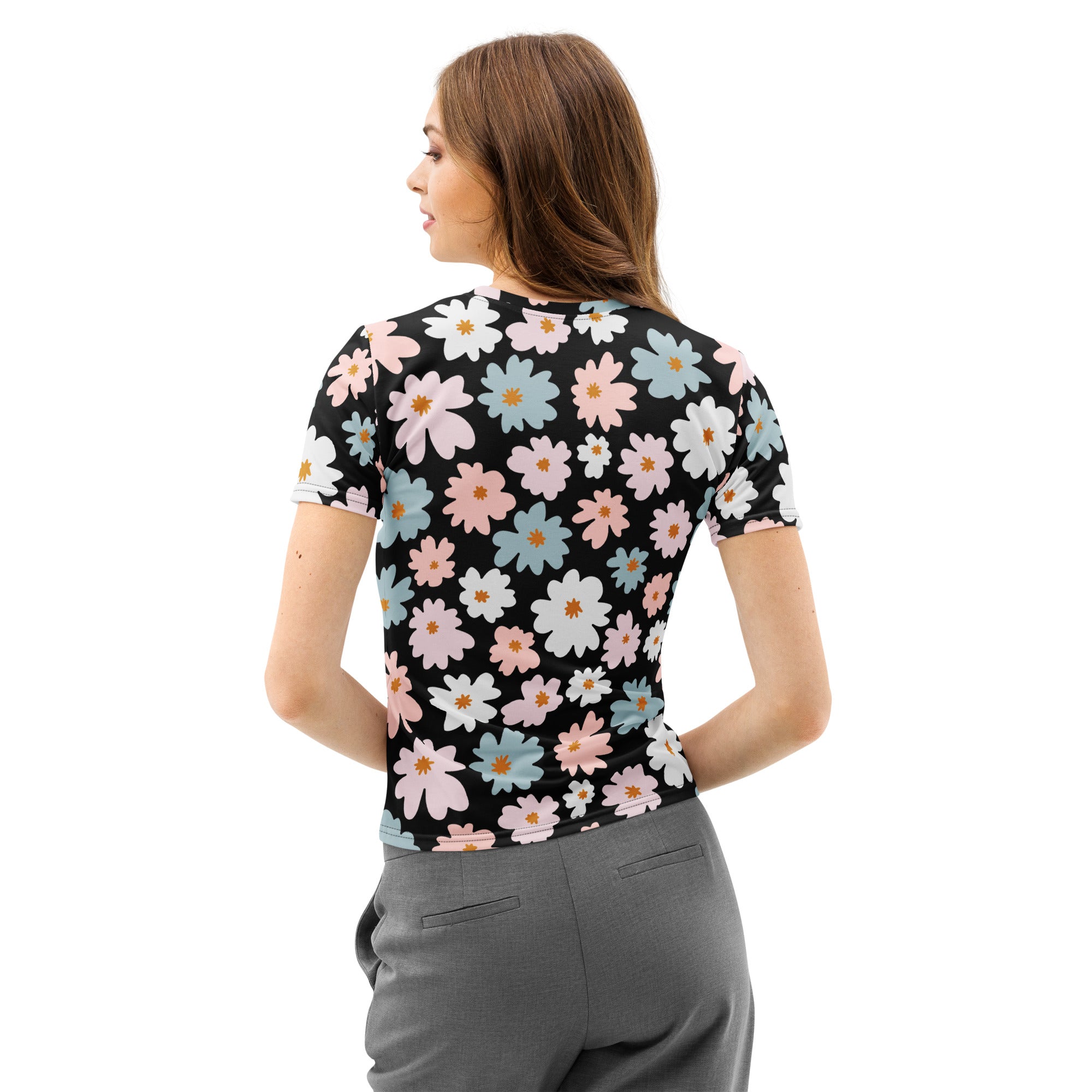 Black short-sleeved cotton t-shirt with vibrant pink white and light blue daisy floral pattern soft stretch and pilling resistant