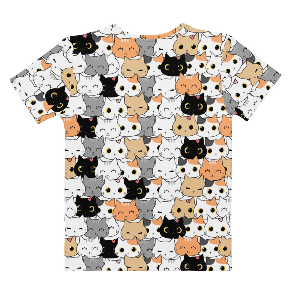 White short-sleeved cotton t-shirt for women with playful multicolor cartoon cat face all-over print and soft stretch fabric