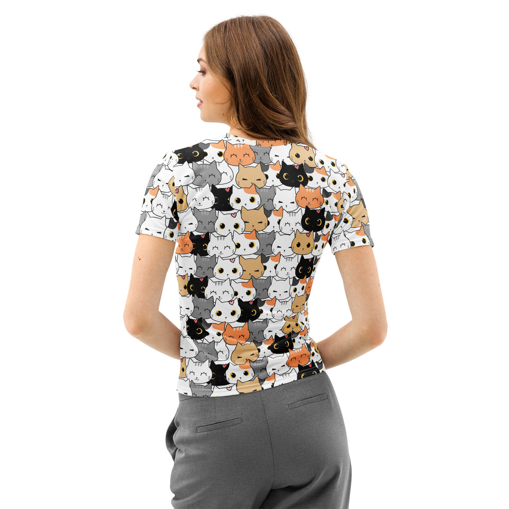 Women’s white short-sleeved cotton t-shirt with playful black gray orange and white cartoon cat faces soft stretch pilling resistant