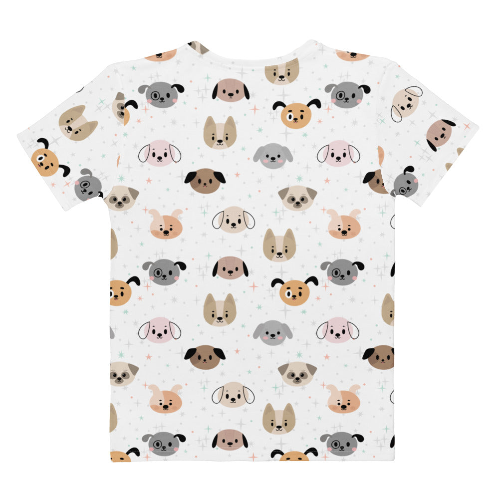 White women’s cotton t-shirt with playful dog face print in soft beige gray and pink colors, soft stretch and pilling resistant