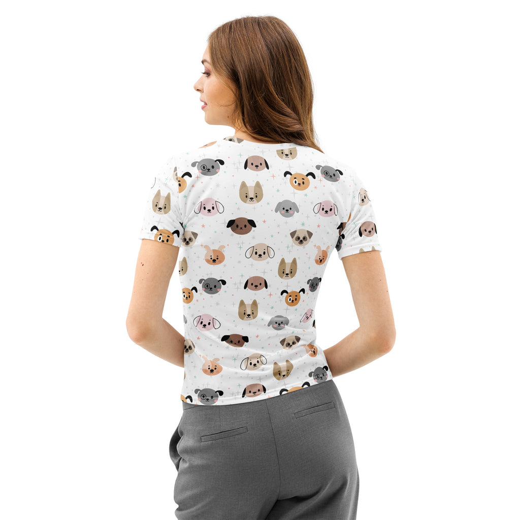 White short-sleeved cotton t-shirt for women with playful multicolor cartoon dog faces and soft stretch pilling resistance