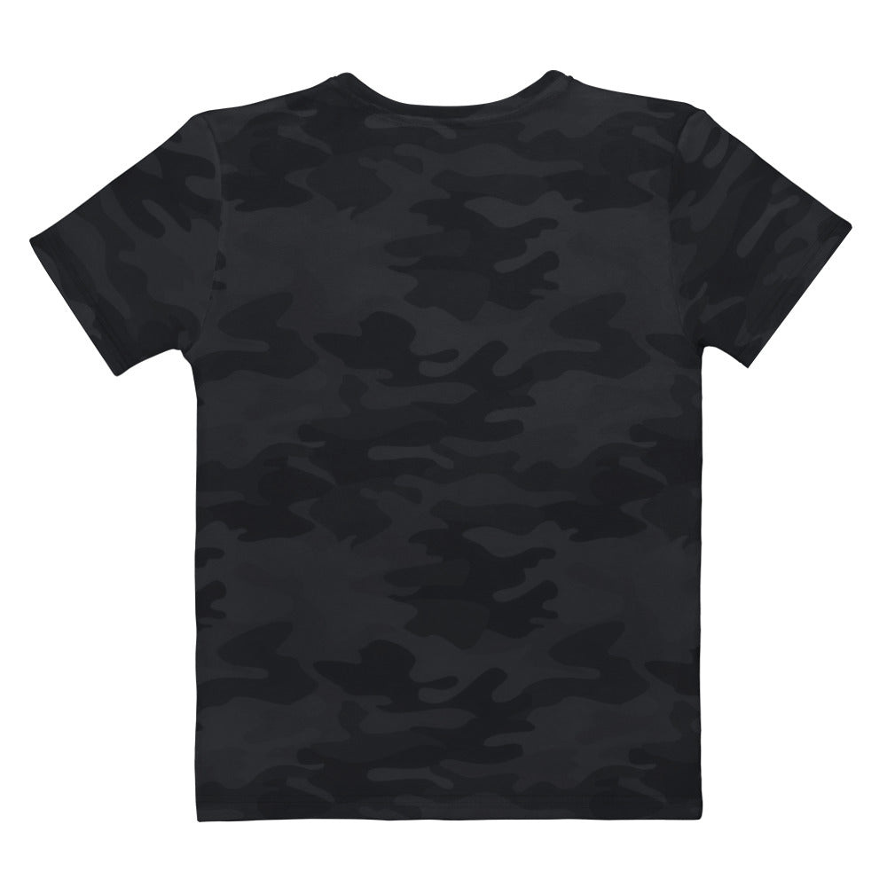 Women’s black camouflage cotton t-shirt with soft stretch and pilling resistant fabric shown from the back side
