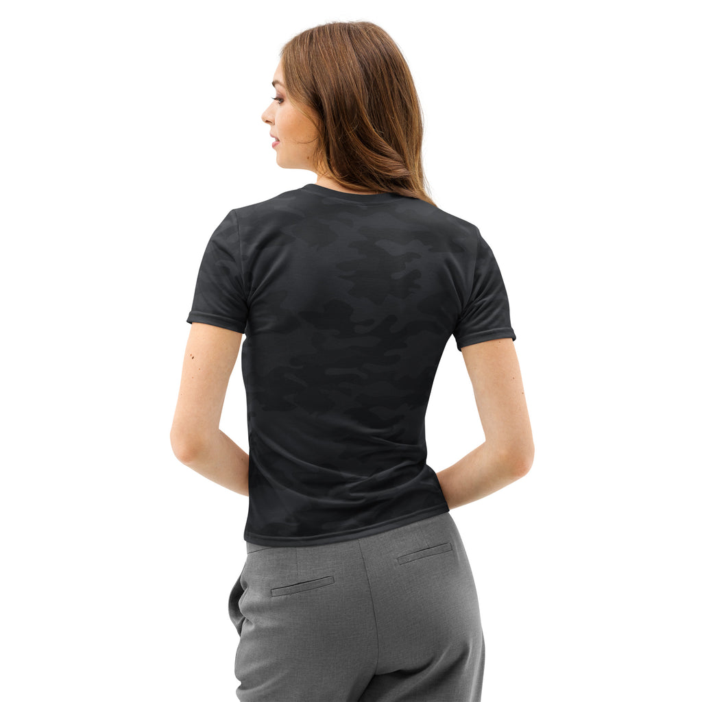 Women’s black fitted short-sleeved cotton t-shirt with subtle camouflage texture soft stretch pilling resistant tee