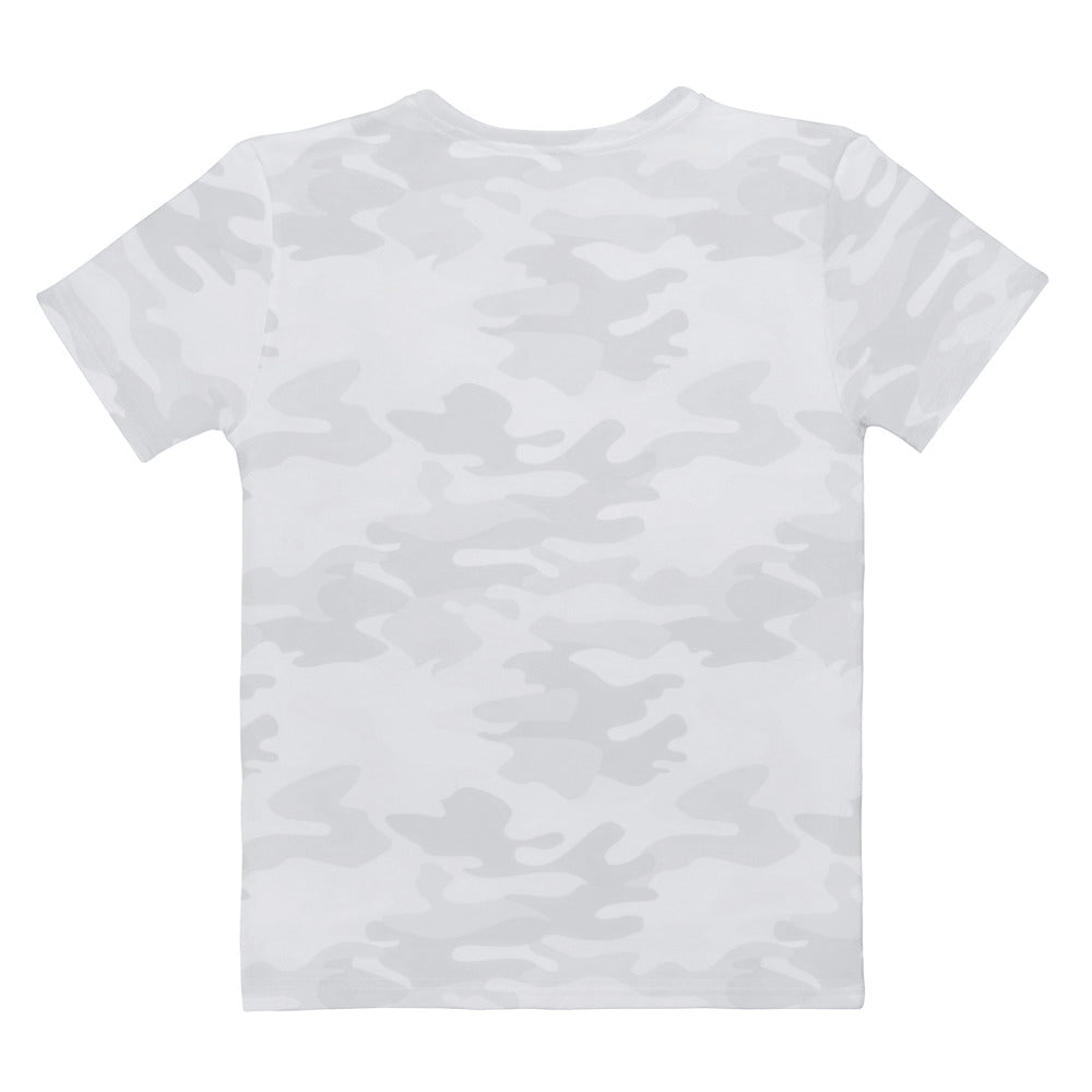 Women’s white short-sleeved cotton t-shirt with subtle gray camouflage pattern soft stretch pilling resistant tee