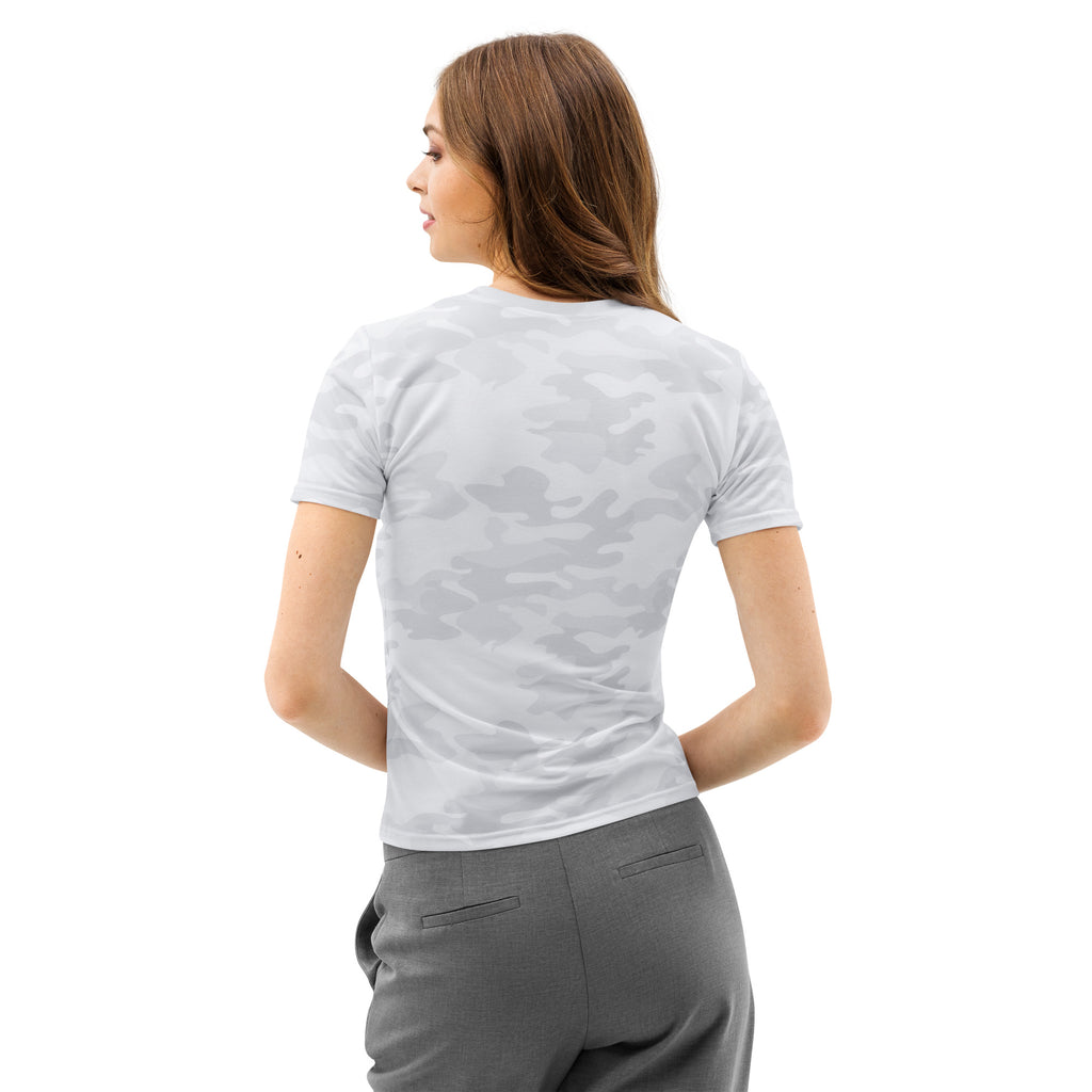 A woman wears a short-sleeved fitted white camouflage cotton t-shirt soft stretch pilling resistant tee