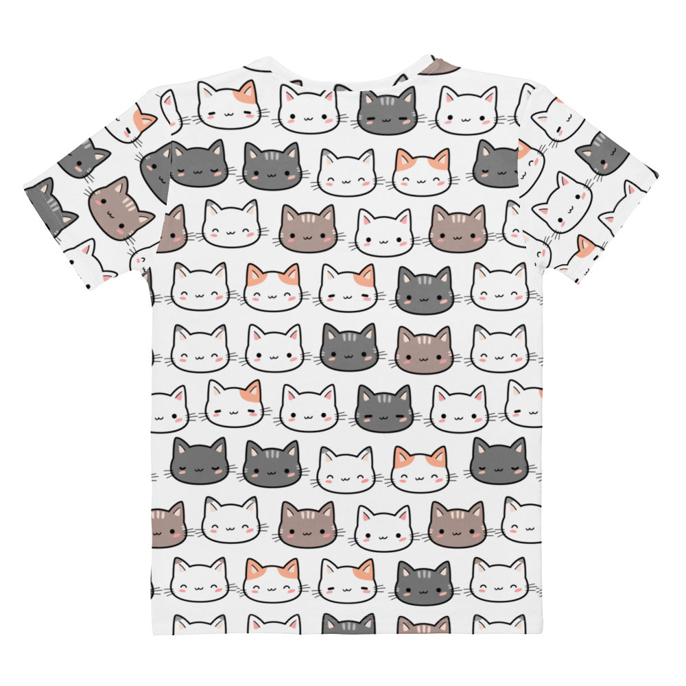 Women’s white cotton t-shirt with soft stretch featuring a playful all-over print of colorful cartoon cat faces