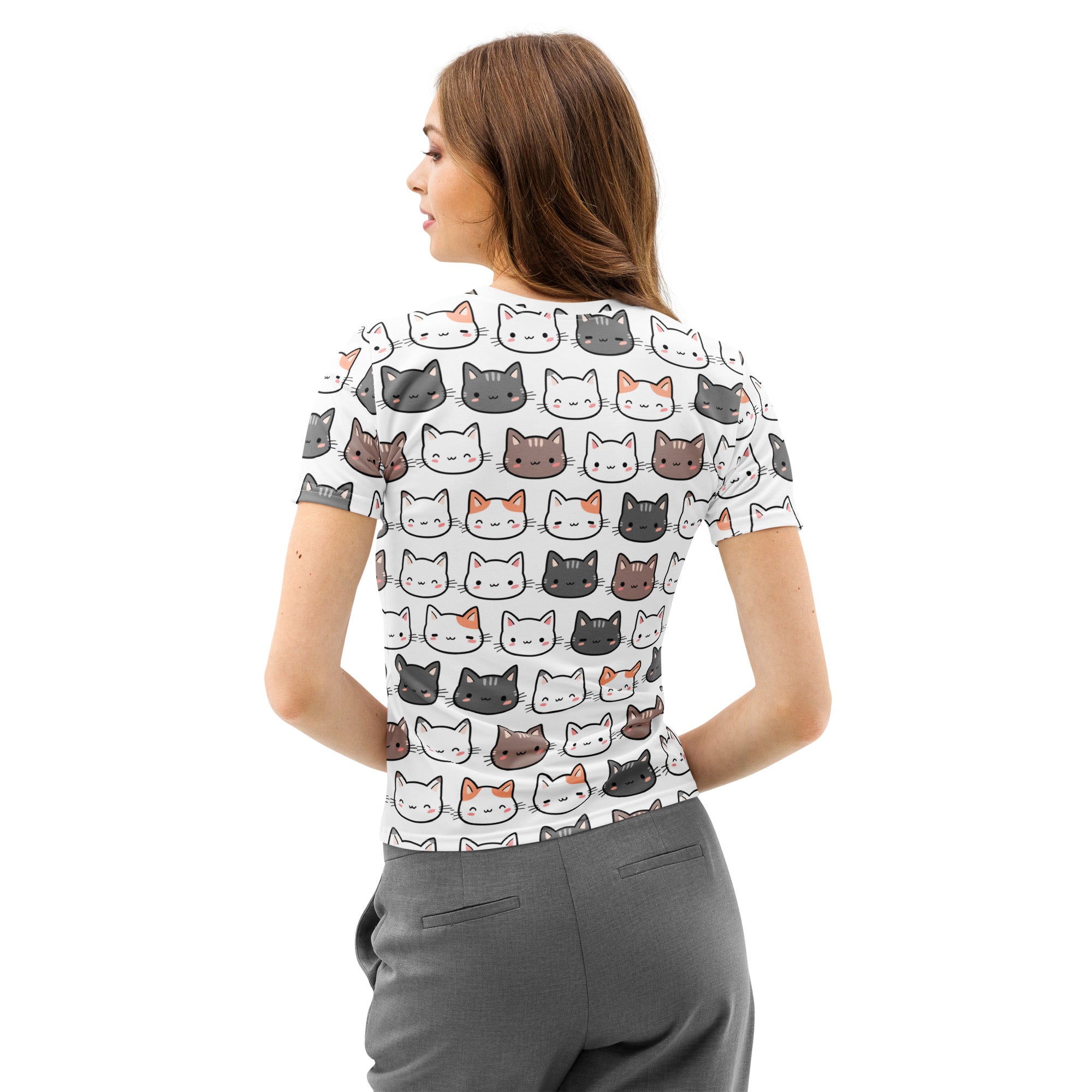 Women’s white short-sleeved cotton t-shirt with playful multicolored cartoon cats soft stretch pilling resistant tee