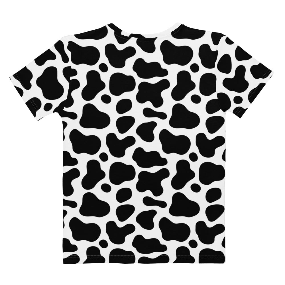 Women’s black and white cow print cotton t-shirt with short sleeves soft stretch pilling resistant fabric