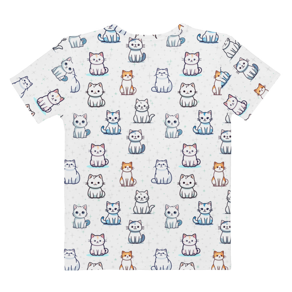 Women’s white cotton short-sleeved t-shirt with playful all-over cartoon cat print in multiple colors soft stretch pilling resistant