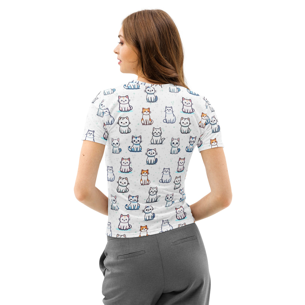 White short-sleeved cotton t-shirt with a soft stretch featuring cute colorful cartoon cat prints, pilling resistant