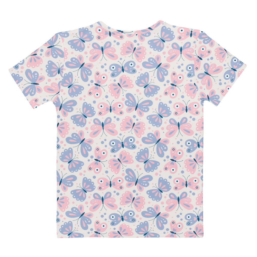 Women’s short-sleeved cotton t-shirt with soft stretch and pilling resistant fabric featuring pink and blue butterflies on cream