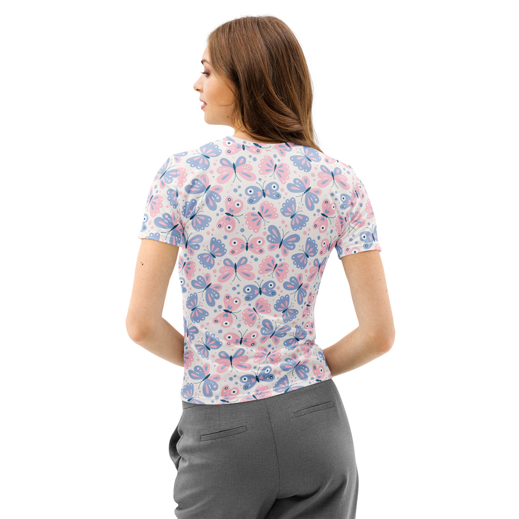 Women’s butterfly print cotton t-shirt with soft stretch and pilling resistant fabric in pink and blue butterfly pattern