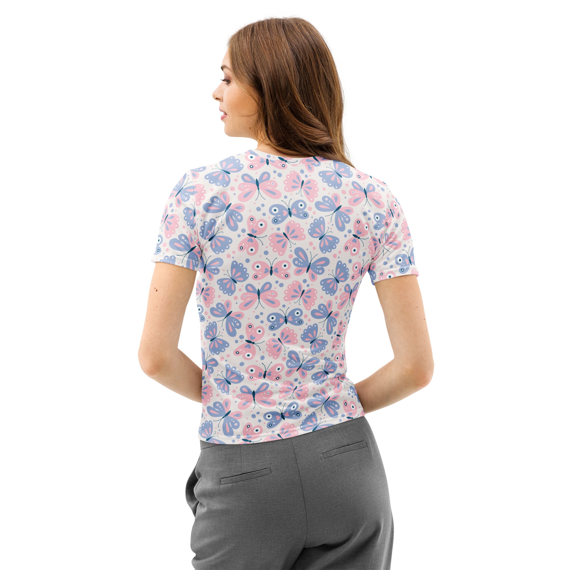 Women’s butterfly print cotton t-shirt with soft stretch and pilling resistant fabric in pink and blue butterfly pattern