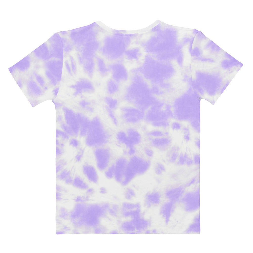 Women’s purple tie dye cotton t-shirt with lavender and white soft flowing pattern and short sleeves