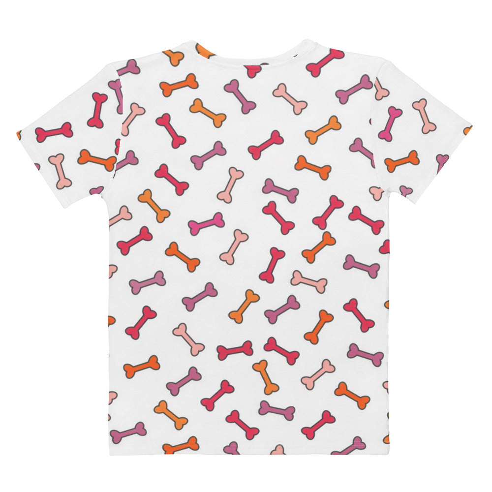 Women’s white cotton t-shirt with soft stretch featuring a playful dog bone print in pink orange and mauve hues