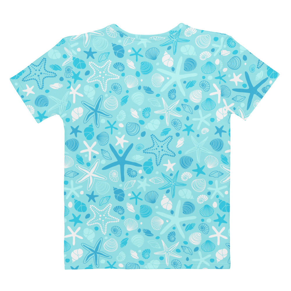 Women’s light blue cotton t-shirt with soft stretch featuring playful starfish and shells print in blue and white