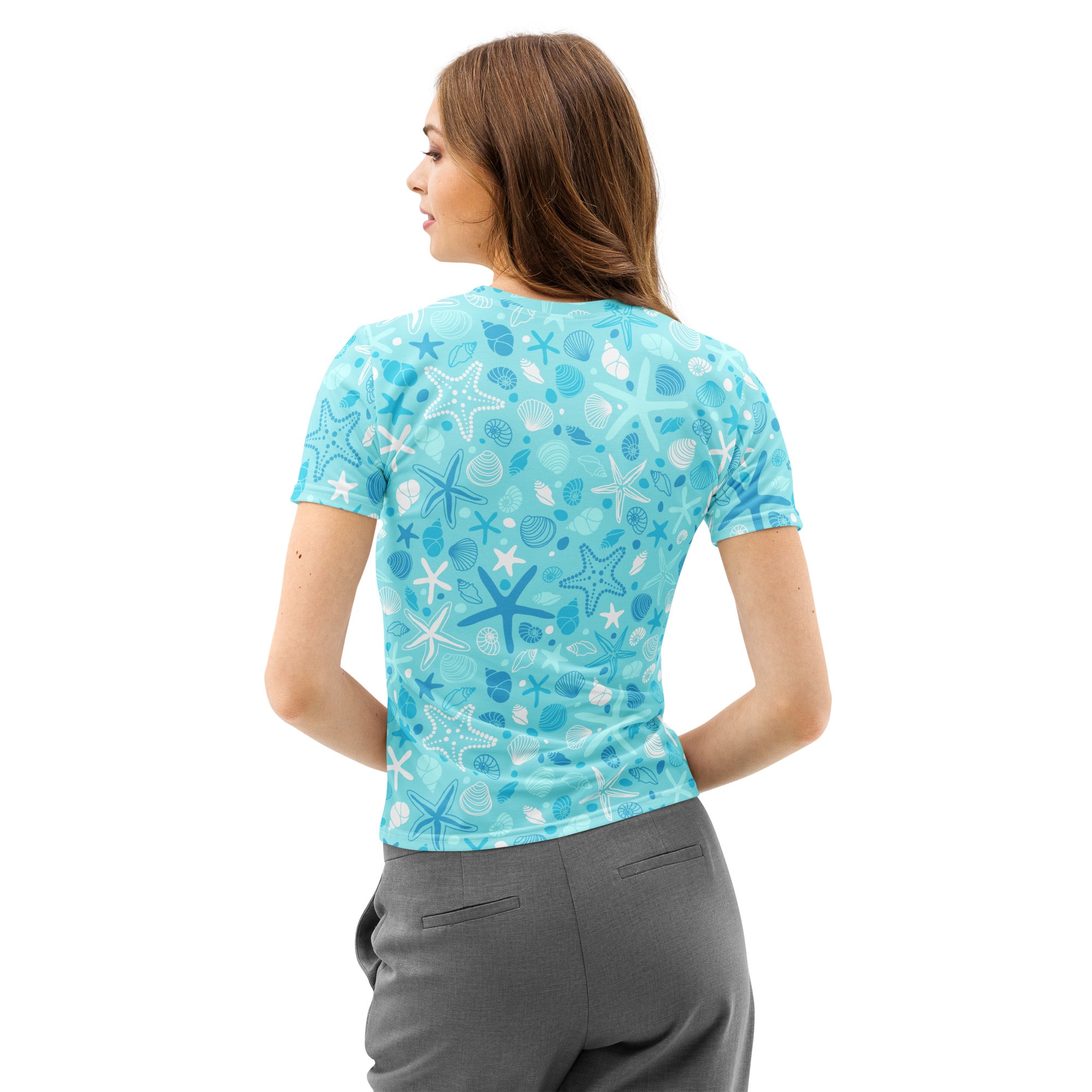 Women’s soft stretch cotton t-shirt in light blue with playful starfish and seashell pattern resistant to pilling