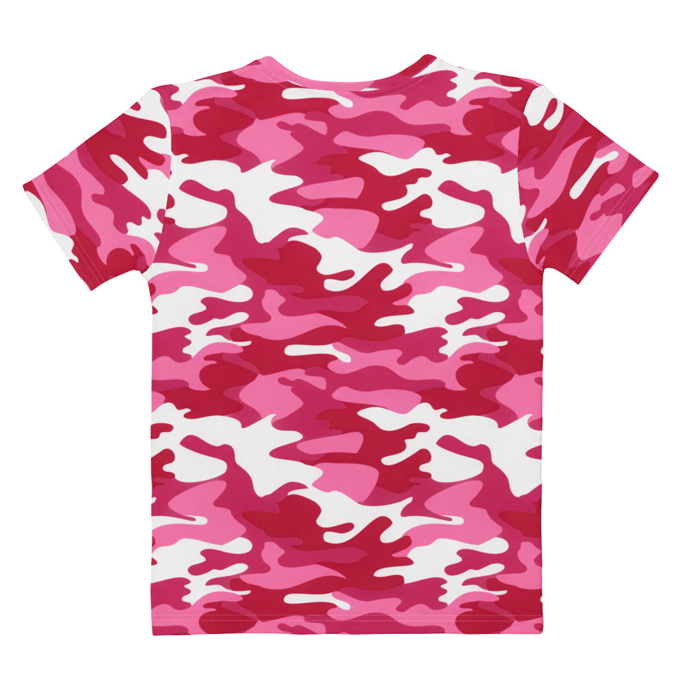 A vibrant pink and white camouflage patterned women’s bright pink cotton short-sleeved soft stretch t-shirt