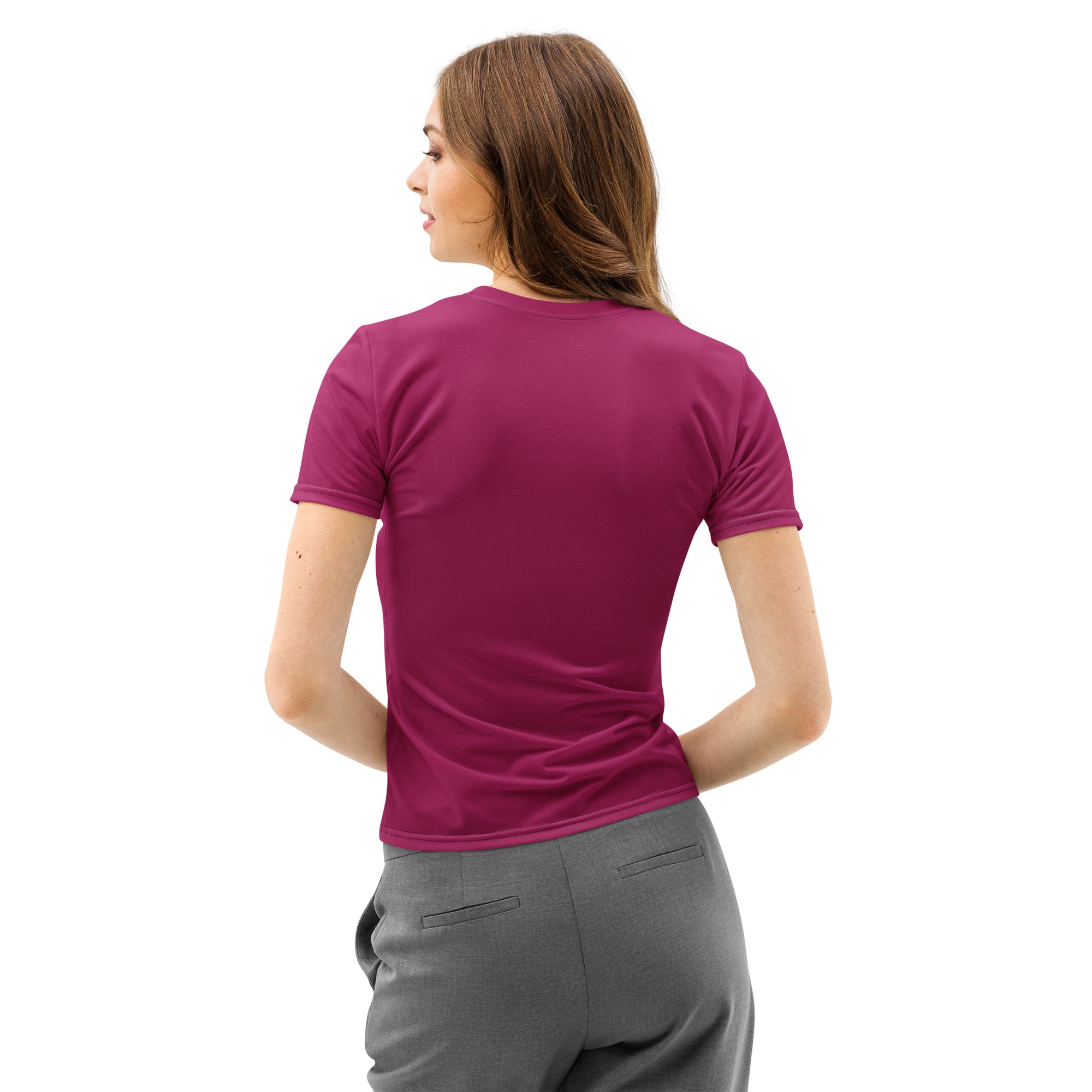 A fitted short-sleeved magenta cotton t-shirt with crew neck soft stretch and pilling resistant for women