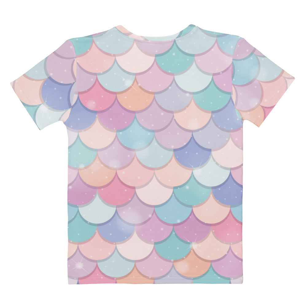 Women’s rainbow mermaid cotton t-shirt with pastel mermaid scale pattern and soft watercolor-like finish