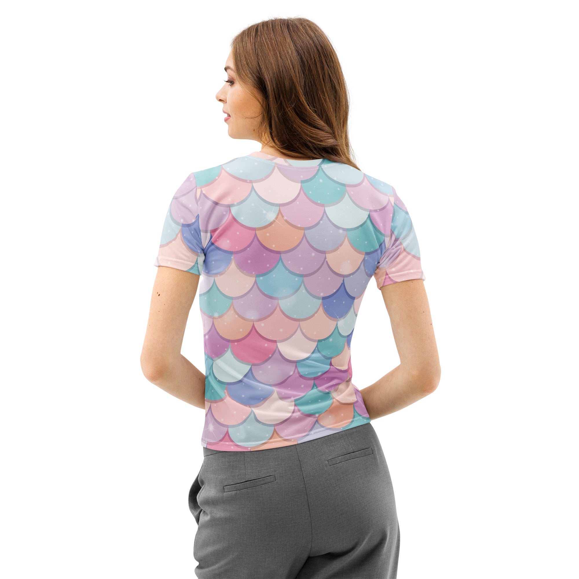 Women’s rainbow mermaid cotton t-shirt with vibrant pastel mermaid scale pattern in pink blue and lavender soft stretch tee