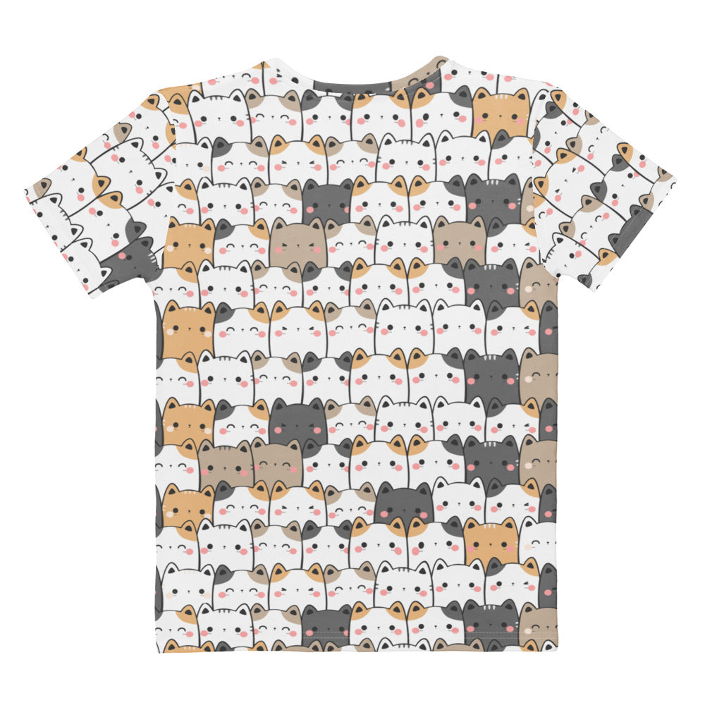 Women’s kawaii cat cotton t-shirt in white with short sleeves and playful all-over cartoon cat print in soft stretch fabric