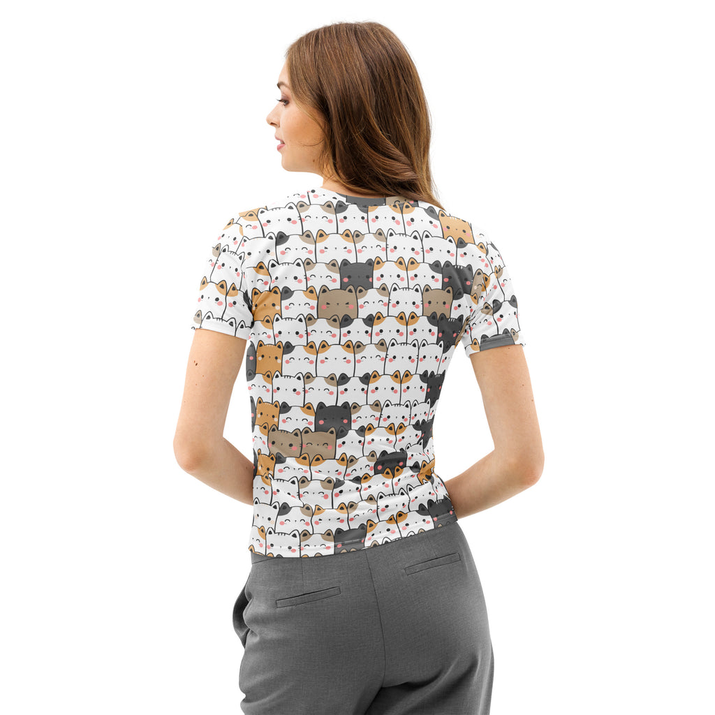 White short-sleeved cotton t-shirt with playful multicolor cartoon cats soft stretch and pilling resistant tee