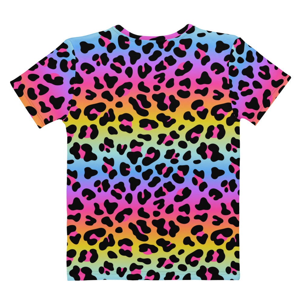 Women’s cotton t-shirt with vibrant rainbow gradient leopard print and bold black spots soft stretch pilling resistant