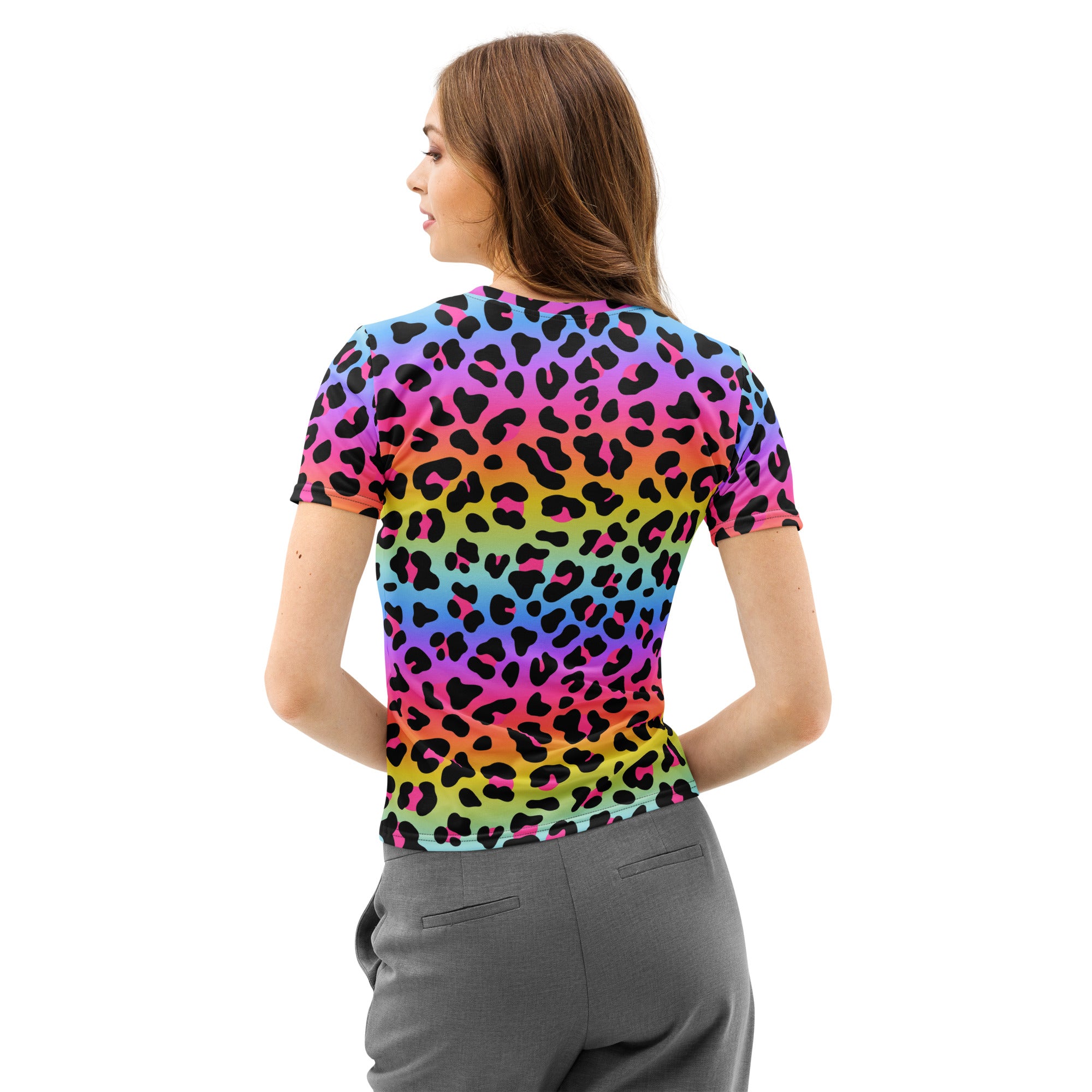 A vibrant rainbow-colored short-sleeved cotton t-shirt with bold black leopard print soft stretch and pilling resistant