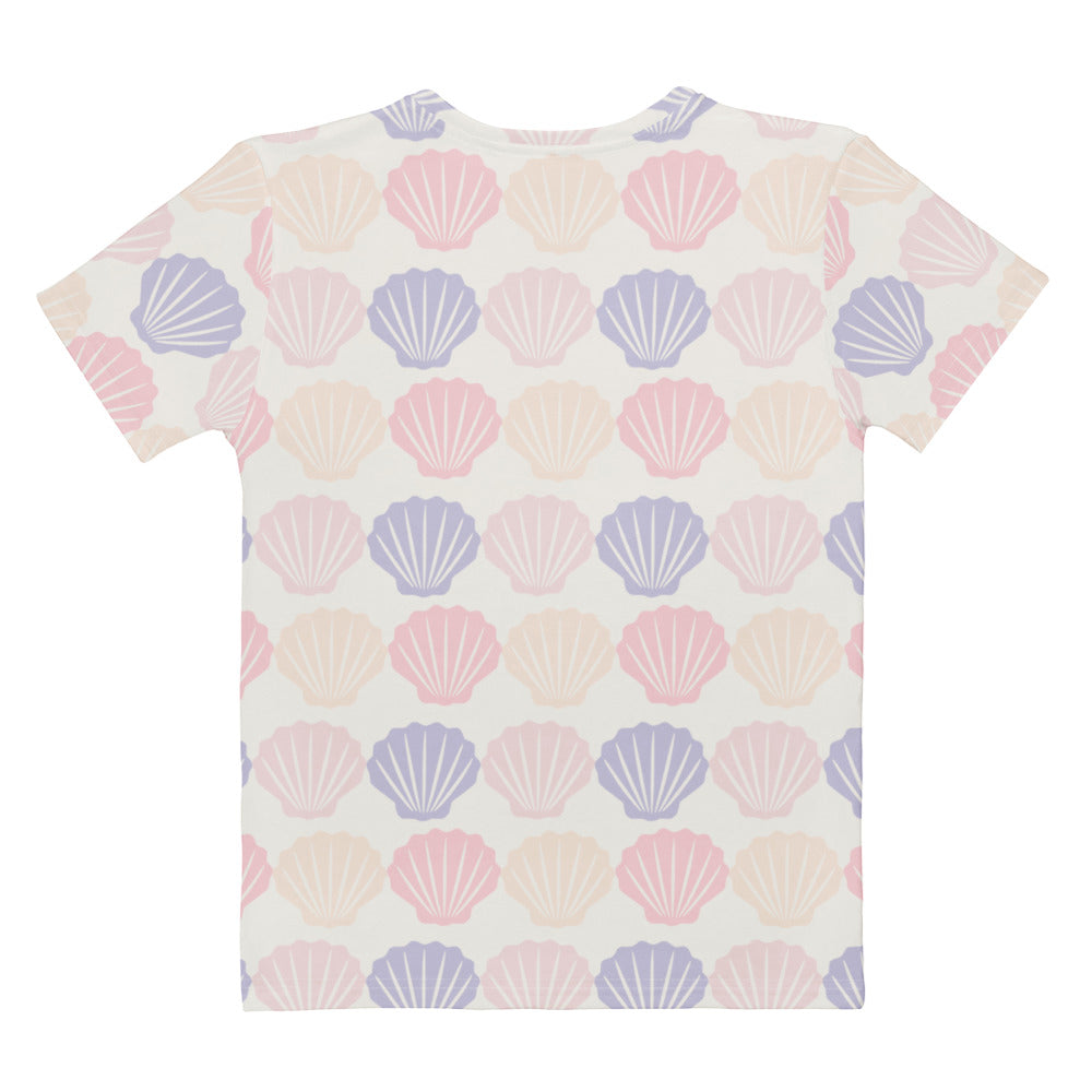 Women’s pastel seashell cotton t-shirt with soft stretch and pilling resistant fabric in pink lavender and cream seashell pattern