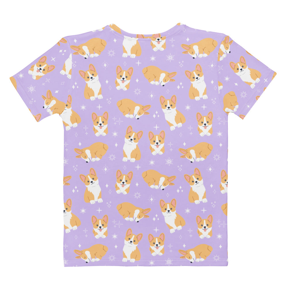 Women’s purple cotton short-sleeved t-shirt with playful cartoon corgis and white starburst print soft stretch pilling resistant