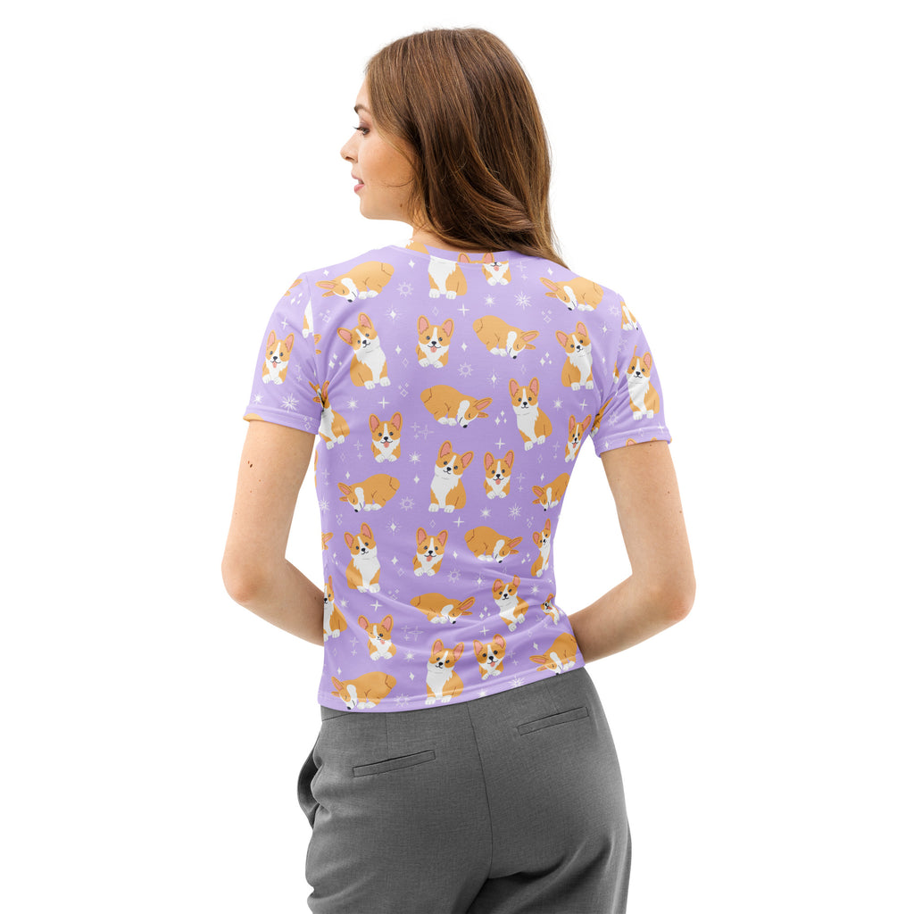 Women’s lavender short-sleeved cotton t-shirt with soft stretch featuring a repeating tan and white cartoon corgi pattern