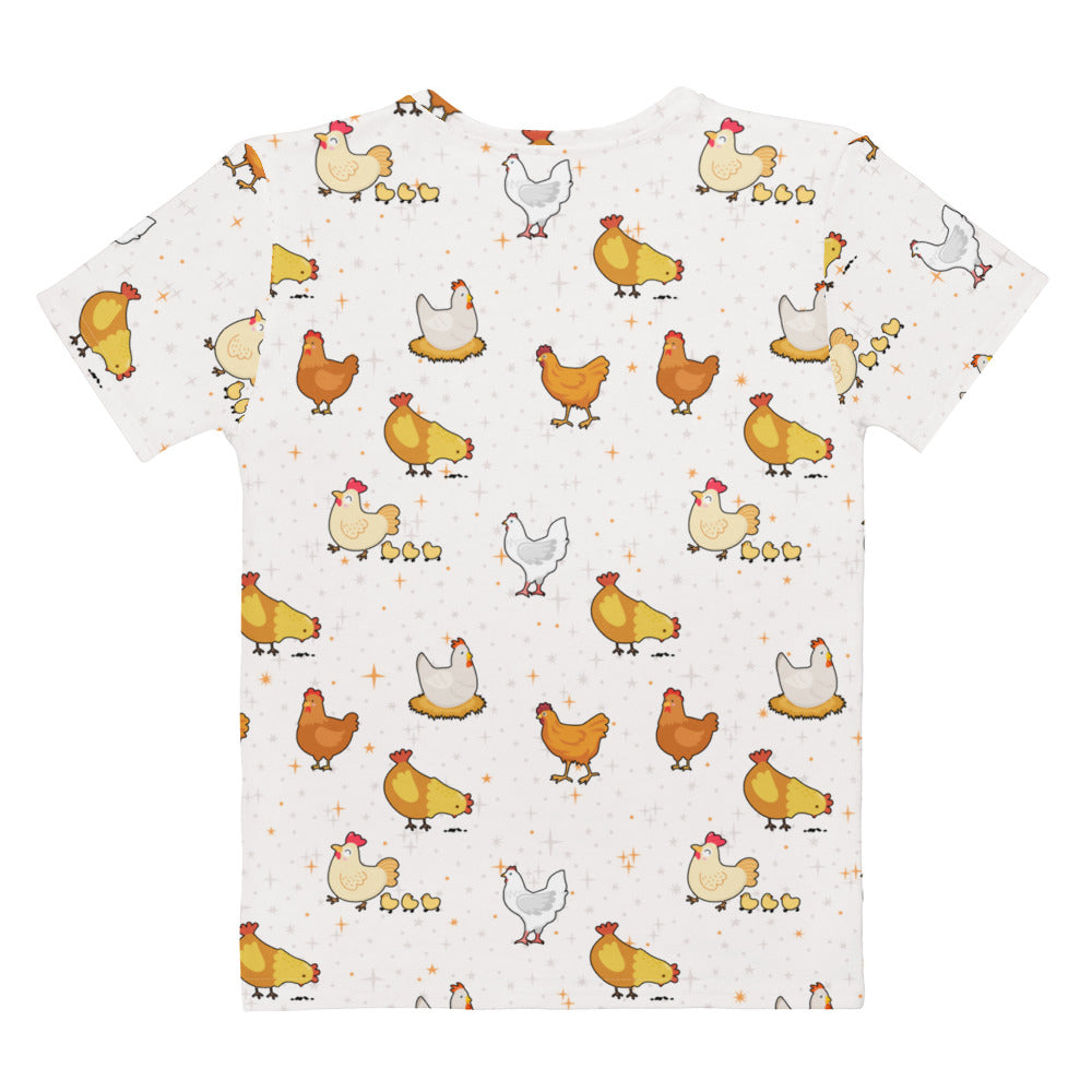 White short-sleeved women’s cotton t-shirt with soft stretch featuring playful yellow orange white cartoon chickens with red combs