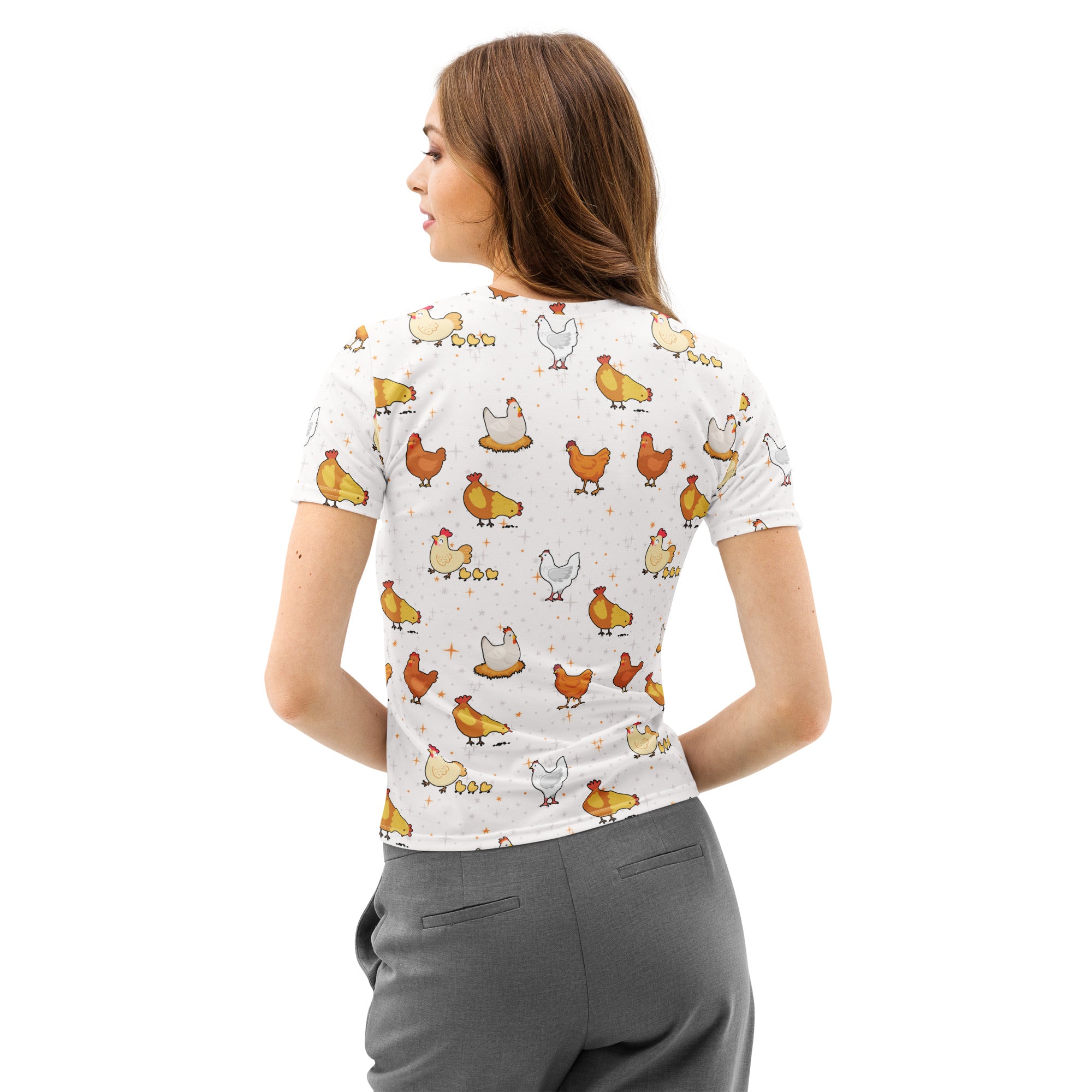 White women’s cotton t-shirt with short sleeves featuring a colorful cartoon chicken pattern, soft stretch, pilling resistant