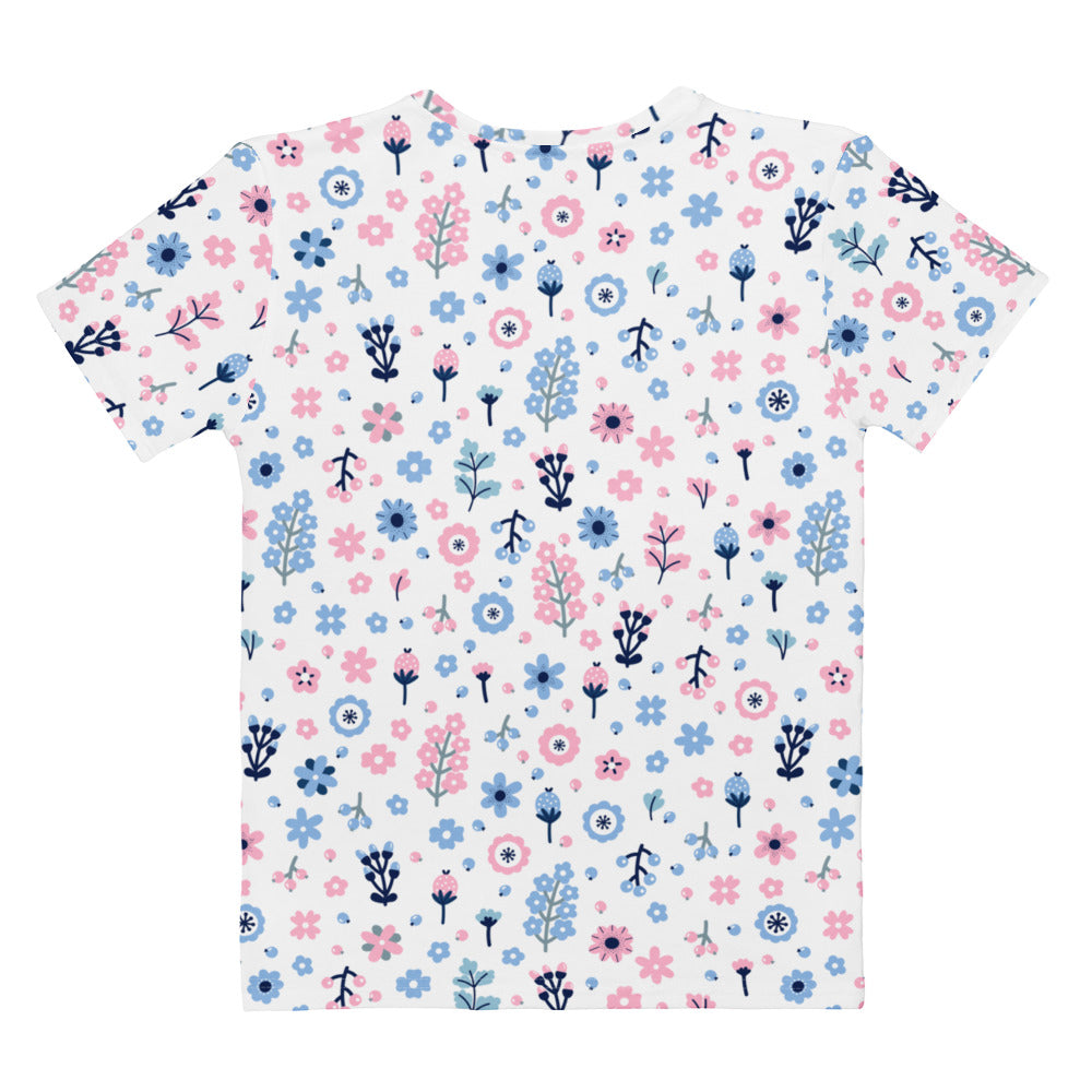 White short-sleeved cotton t-shirt with soft stretch and pink and blue floral pattern for women
