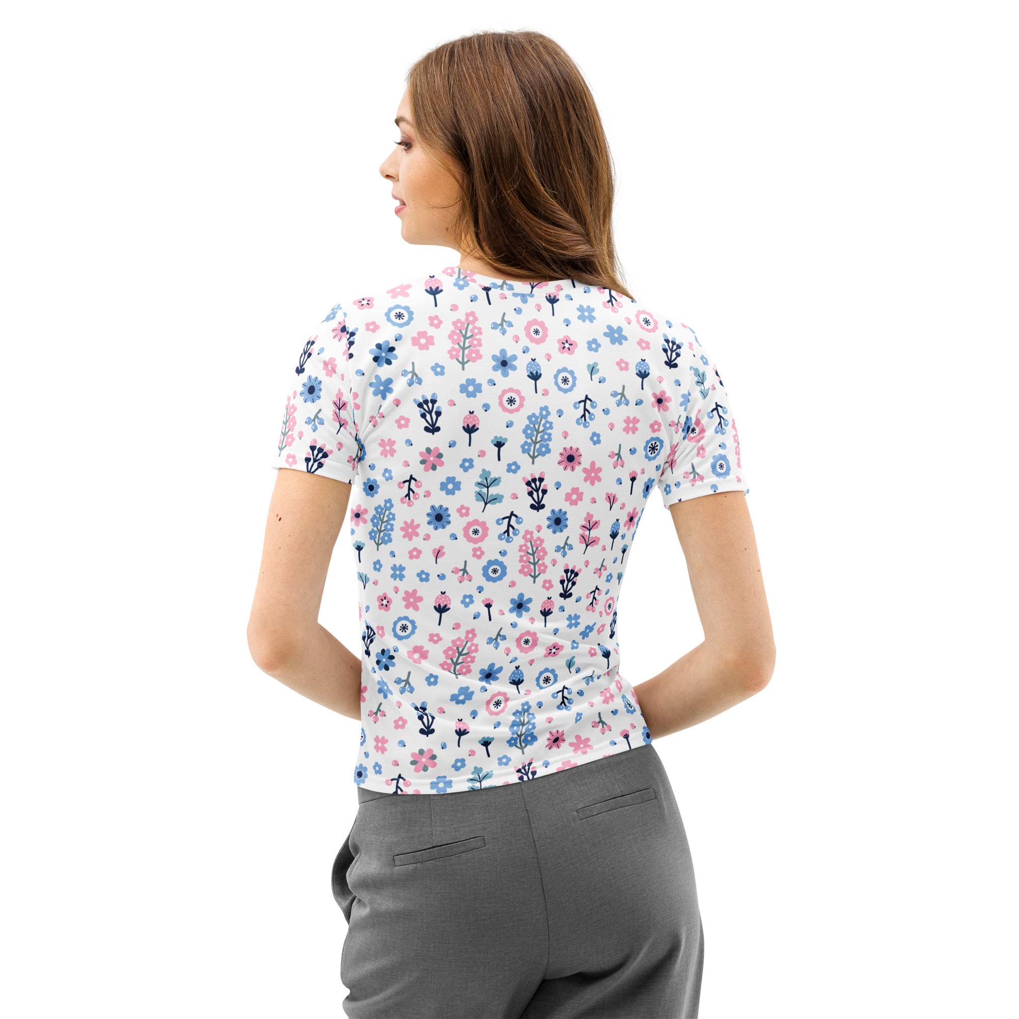 A white short-sleeved cotton t-shirt with pink and blue floral pattern soft stretch pilling resistant tee