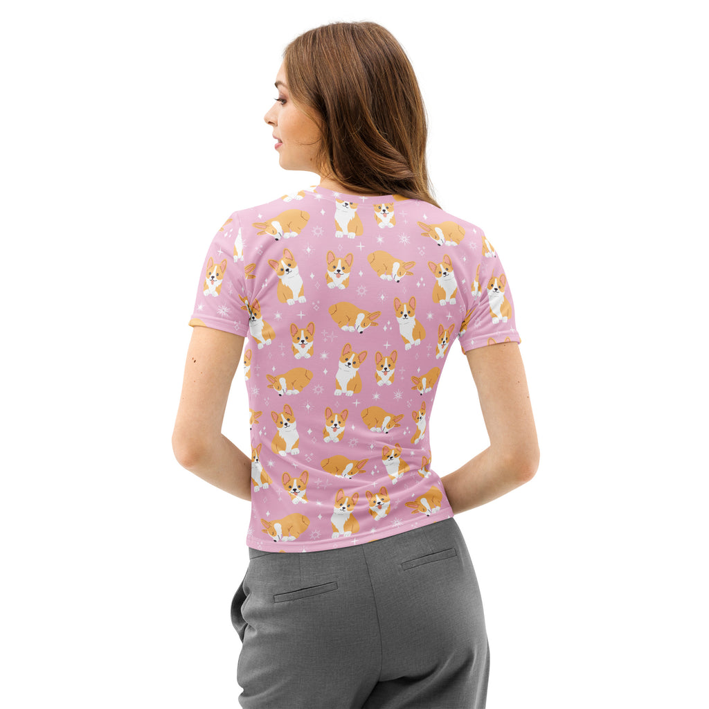 Women’s pink cotton t-shirt with soft stretch and pilling resistant fabric featuring tan and white cartoon corgis