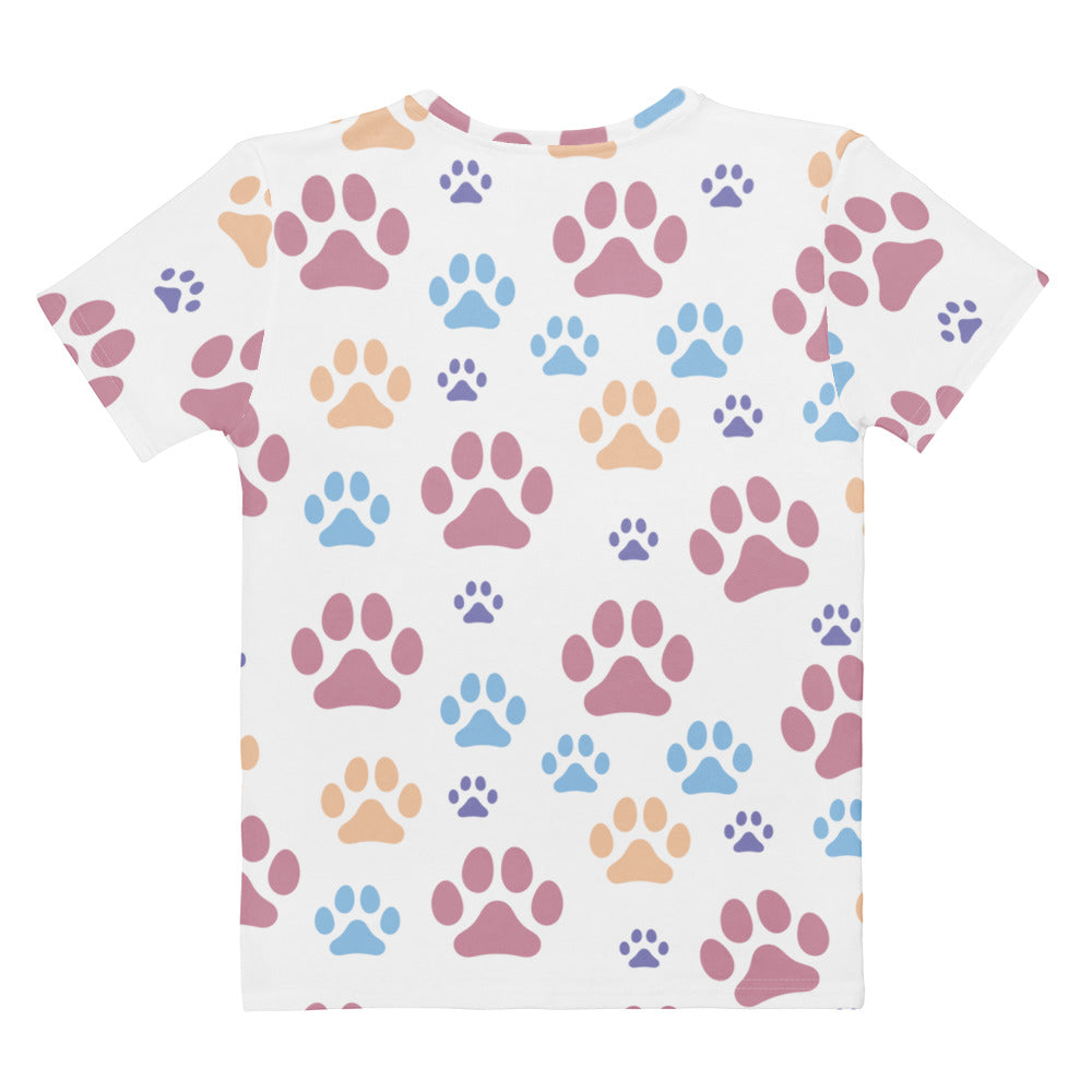 White cotton women’s t-shirt with soft stretch and playful pink blue beige paw print pattern all over print