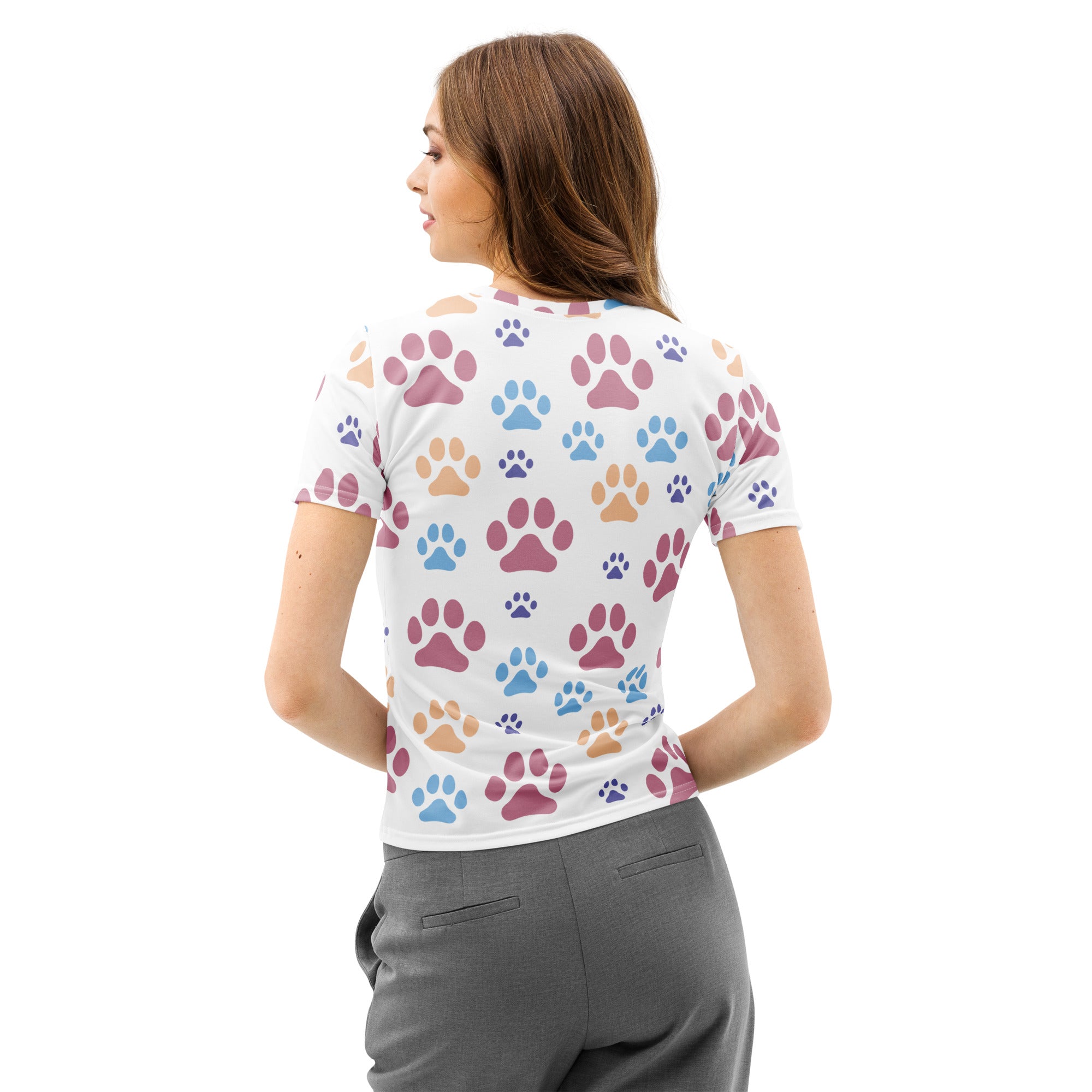 Women’s white cotton short-sleeved t-shirt with colorful pink blue and tan paw print pattern soft stretch pilling resistant tee