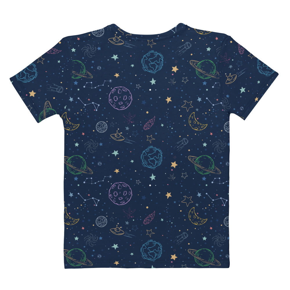 A navy blue women’s cotton t-shirt with a colorful pastel galaxy space print featuring planets and stars