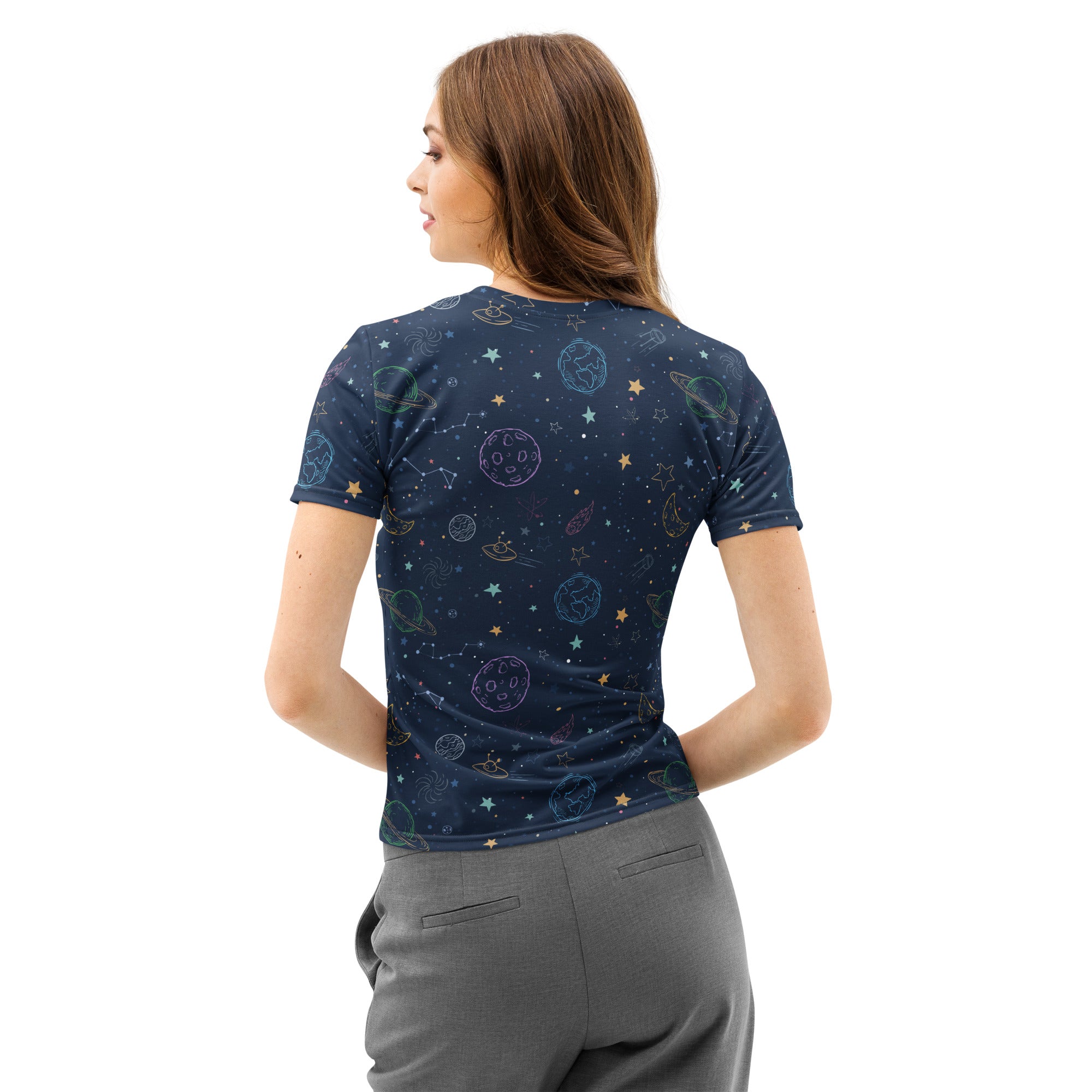 Dark blue women’s cotton short-sleeved t-shirt with soft stretch and whimsical pastel space-themed print