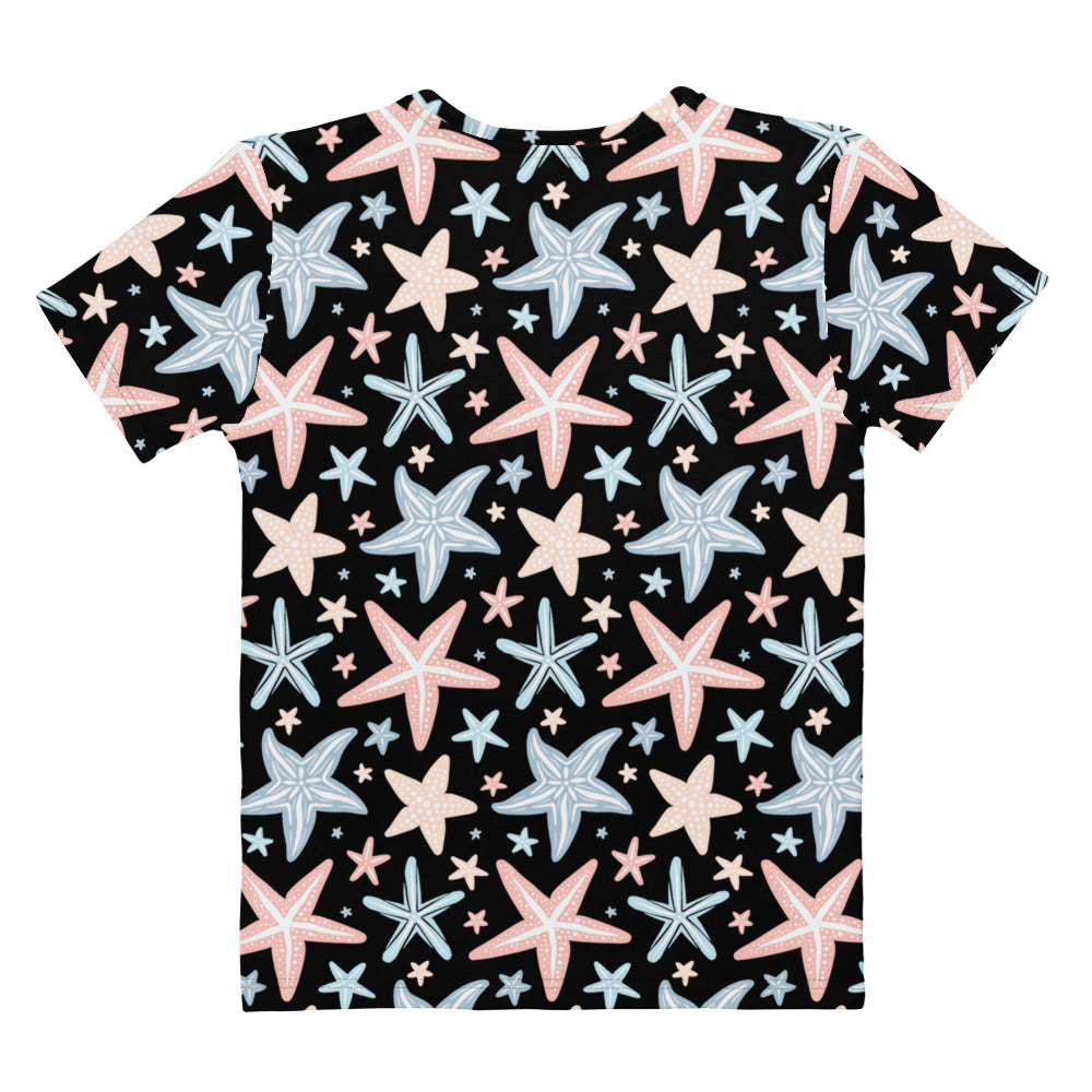 Black women’s starfish print cotton t-shirt with vibrant pink blue and beige starfish soft stretch pilling resistant tee