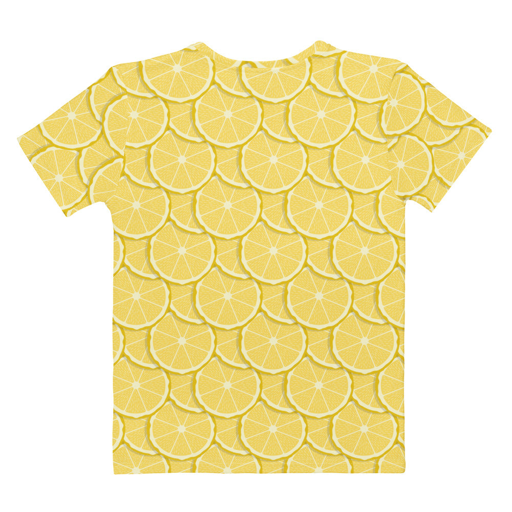 Women’s yellow cotton t-shirt with soft stretch and pilling resistance featuring full-body lemon slice print
