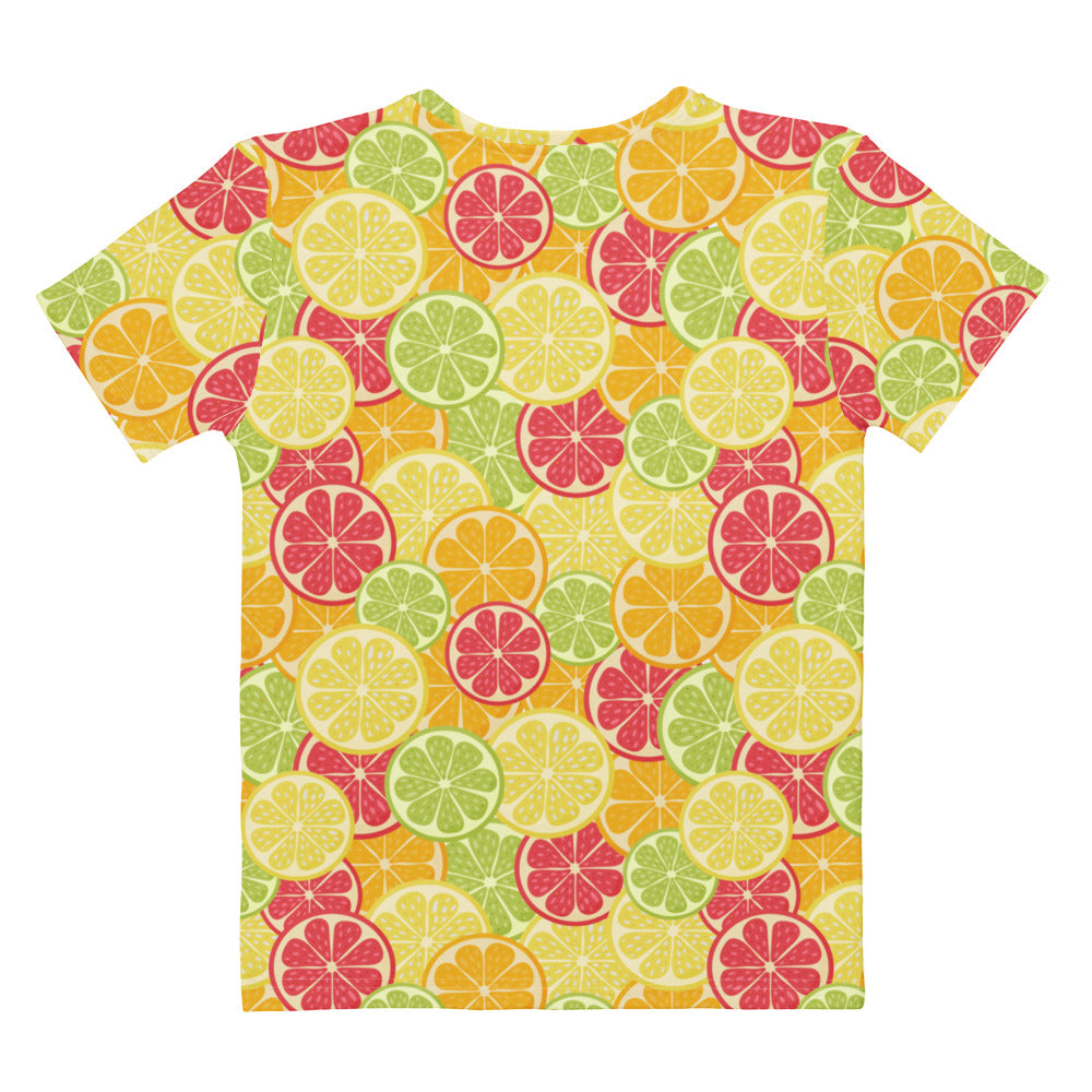 Women’s cotton short-sleeved t-shirt with soft stretch and pilling resistant fabric featuring vibrant citrus fruit slices print
