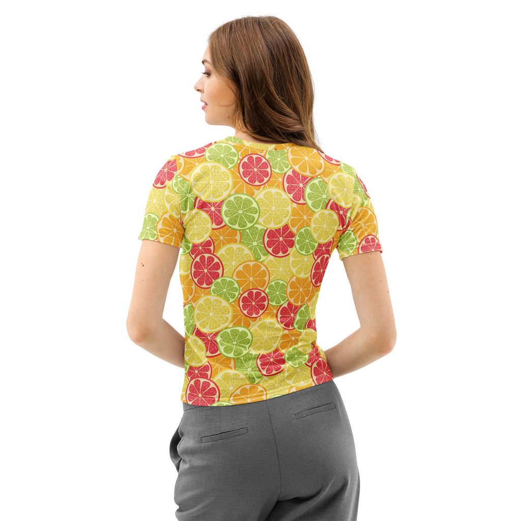 Women’s citrus fruit slices cotton t-shirt with soft stretch featuring a vibrant pattern of sliced yellow green and red citrus fruits