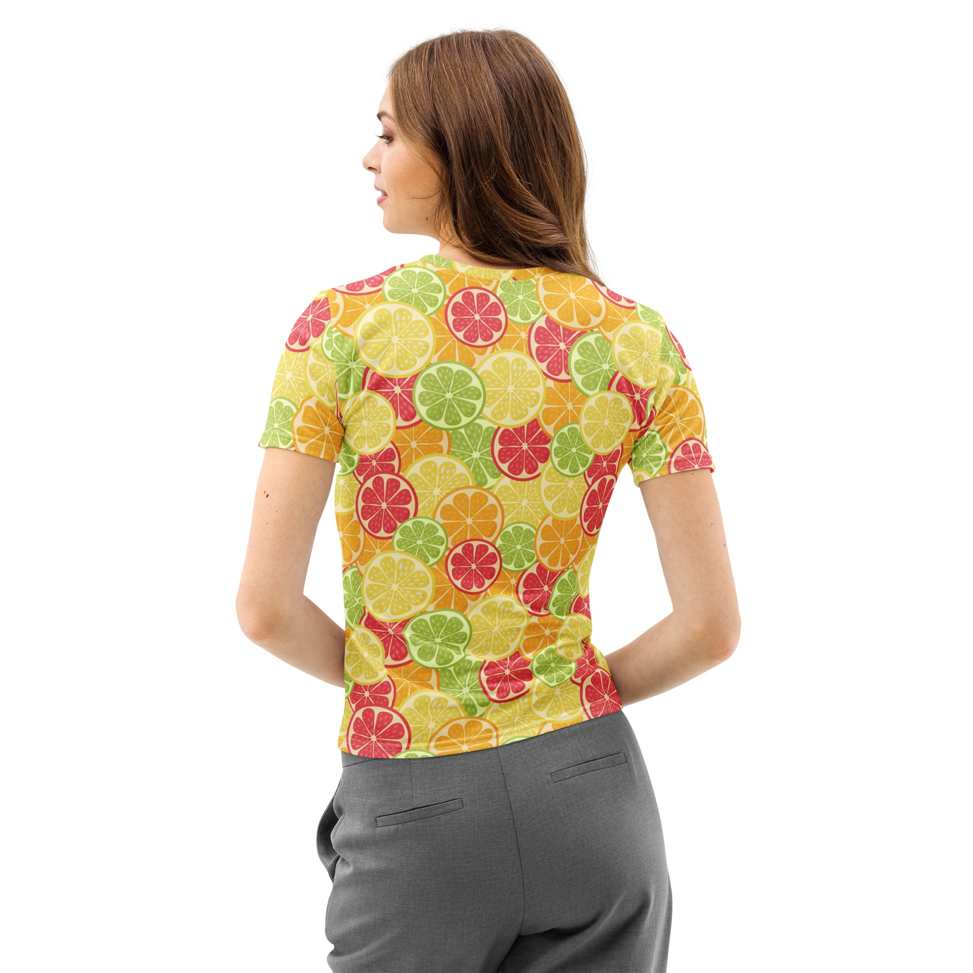 Women’s citrus fruit slices cotton t-shirt with soft stretch featuring a vibrant pattern of sliced yellow green and red citrus fruits
