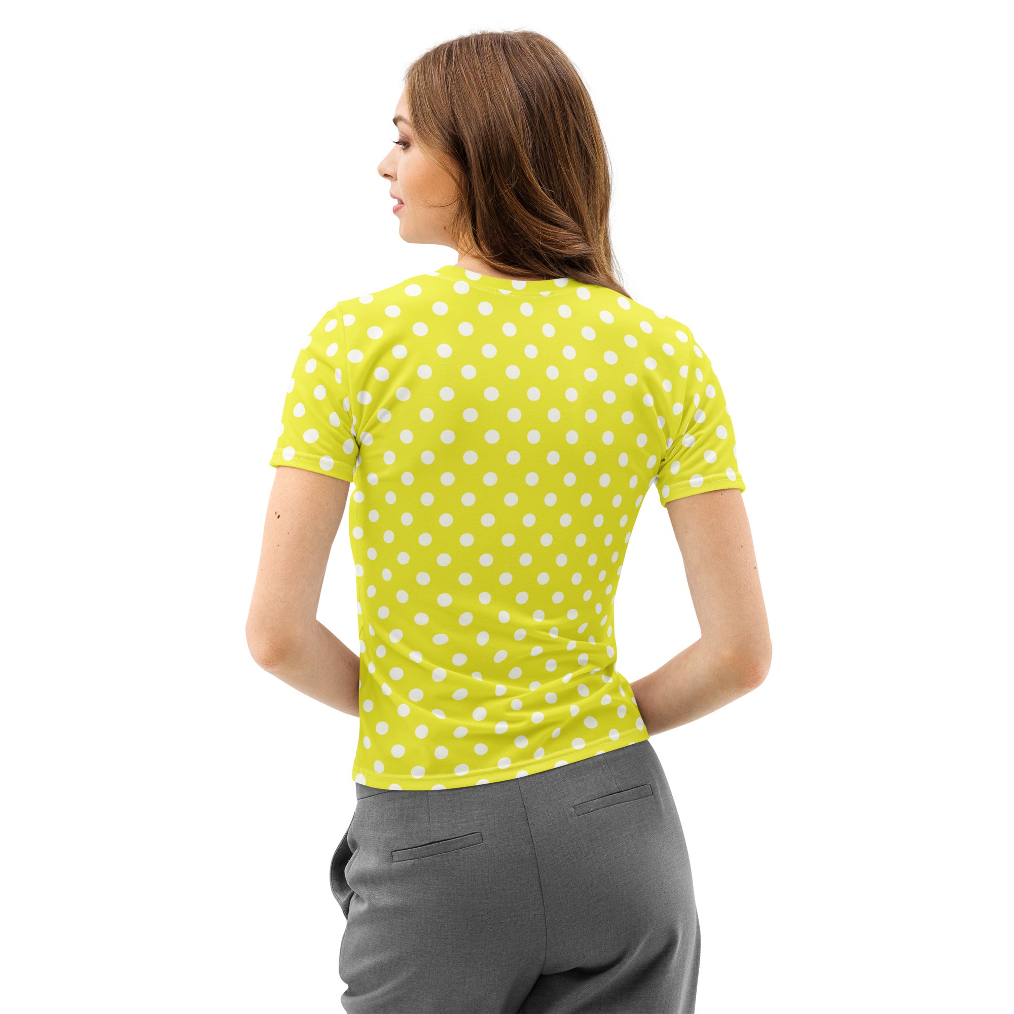 Women’s bright lime green cotton t-shirt with white polka dots short sleeves soft stretch pilling resistant tee