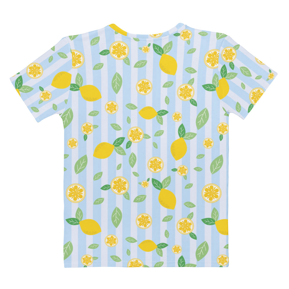 Women’s striped lemon cotton t-shirt with playful yellow lemon pattern on light blue and white striped background