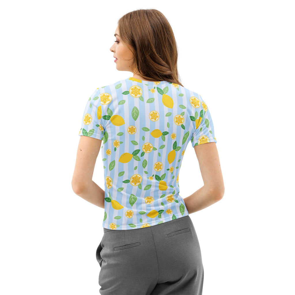 Women’s light blue cotton short-sleeved t-shirt with playful yellow lemon and green leaf pattern on vertical stripes