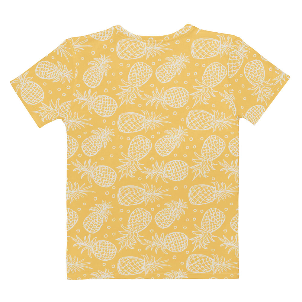 Yellow women’s tropical pineapple cotton t-shirt with short sleeves soft stretch and pilling resistant fabric